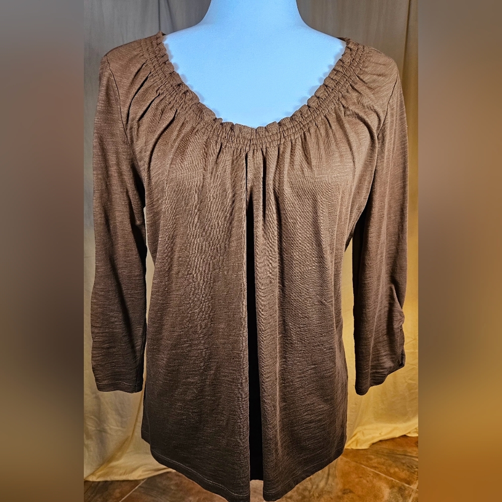 Relativity Brown Knit Top S Small 3/4 Ruched Sleeve Cotton Modal Pleated Scoop